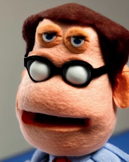 Image similar to film still from the office, dwight schrute as a muppet. highly detailed felt. hyper real photo. 4 k.