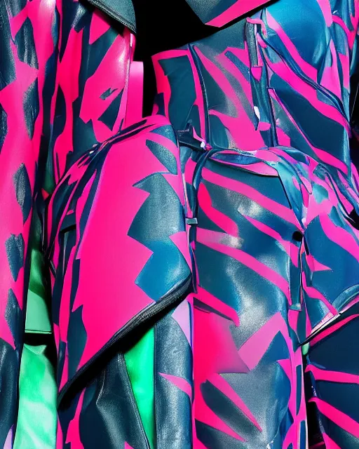 Prompt: a leaked screenshot of Balenciaga's fall 2049 campaign, prismatic, dazzle camouflage!, dayglo pink, dayglo blue, Bladerunner, cyberpunk