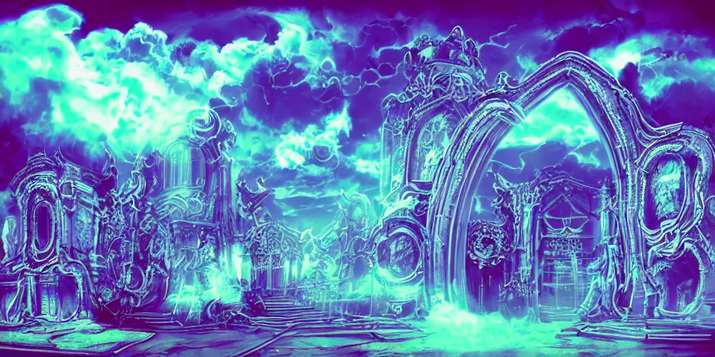 Prompt: [ palate ] [ nebulous electrified energy ] [ muted neon colors ] intricate giant gothic style portal to purgatory with paisley cloud pattern, god at the gate, award winning composition, vibrant neon nebulous clouds, symmetrical details, hyper realistic illustration, radiant light rays, photorealistic illustration, intricate and fine details, volumetric lighting,