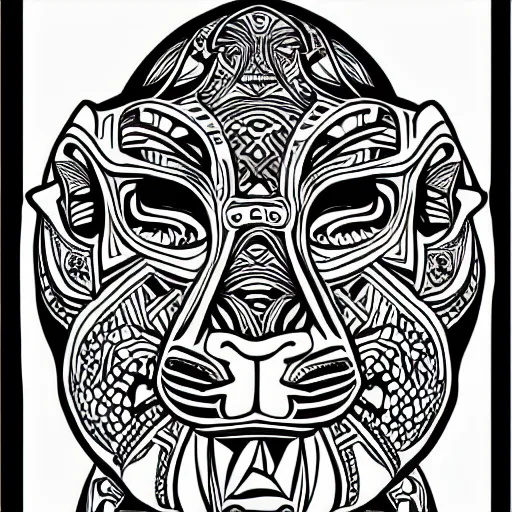 Prompt: jaguar head tattoodesign, geometrical, symmetrical, frontview, black and white, white background. very detailed ink drawing, fine lineart, extremely detailed