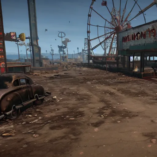 Image similar to Santa Monica Pier in ruins post-nuclear war in Fallout 4, in game screenshot