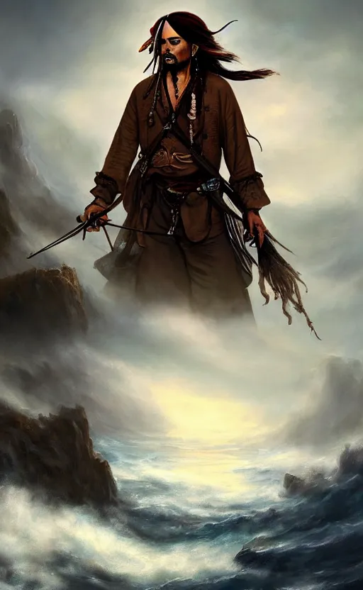 Prompt: a beautiful painting of jack sparrow in the style of wanderer above the sea of fog, featured on artstation