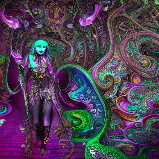 Image similar to psychadelic witch, hyper detailed, flowing psychadelic background intricate and detailed, ornate 8 k gorgeous intricate detailed, octane render