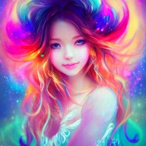 Prompt: lively and lovely girls, angelic face, colorful and flowing hair, colorful eyes, smiling innocently and cutely, colorful light effects, clean and fresh, ethereal, macro, uplight, lush, radiant, detailed, fantasy style, by ross tran, kazuki tanahashi