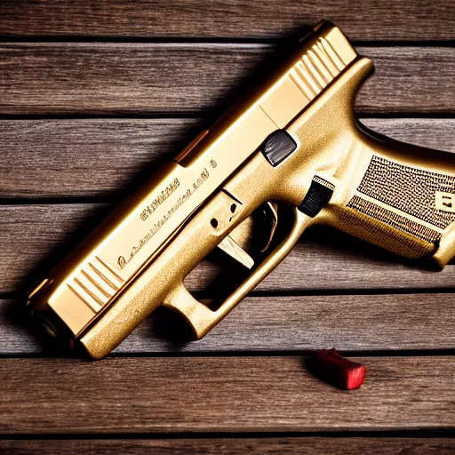 Prompt: a medium shot photograph of a gold glock 18 on a wooden background