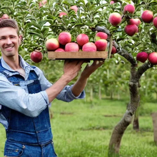 Prompt: a man holding 25 apples in his left hand while standing on a ladder in an orchard