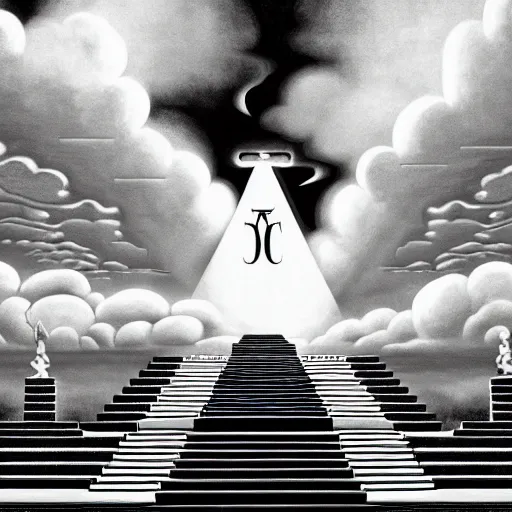 Image similar to A black and white freemasonic chequered surrealist digital painting of a stairway to into the clouds in the art style of jeff koons, Gilbert williams, Edwin Frederic Church and Christopher Balaskas, trending on artstation, 4k UHD