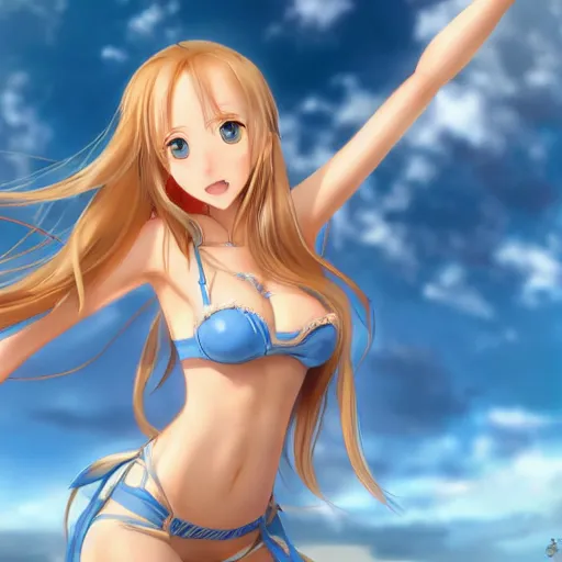 Image similar to a very beautiful young yuuki asuna, full body, long wavy blond hair, sky blue eyes, full round face,, bikini, miniskirt, front view, mid - shot, highly detailed, cinematic wallpaper by stanley artgerm lau