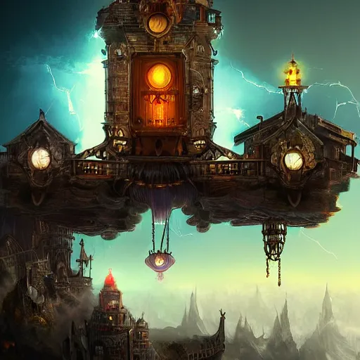 Image similar to Huge flying castle, steampunk digital art, dramatic lightning, trending on artstation, epic composition