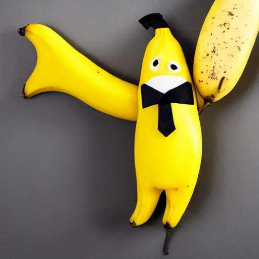 Image similar to an antropomorphic banana wearing a business suit