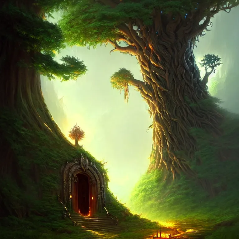 Image similar to a beautiful giant tree growing in the middle of an mysterious giant door carved with symbols, a door is embedded in the tree. godray on plants, fantasy digital art, fantasy style art, fantasy hearthstone art style, fantasy game art by greg rutkowski, darksouls concept art