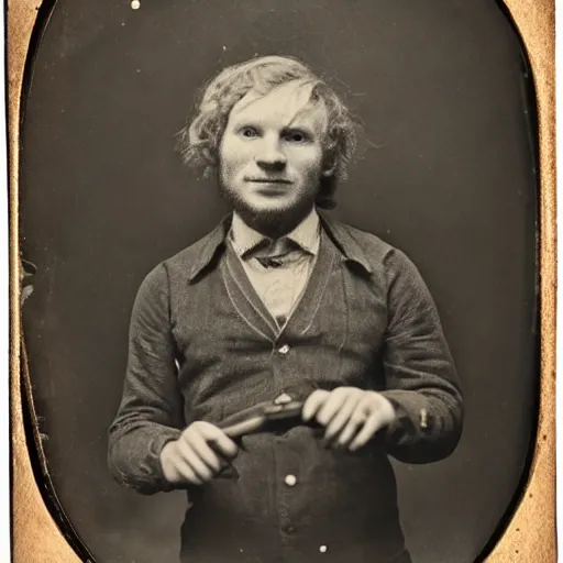 Prompt: daguerreotype ambrotype of scruffy - looking old ed sheeran in a dirty mining uniform, highly detailed,