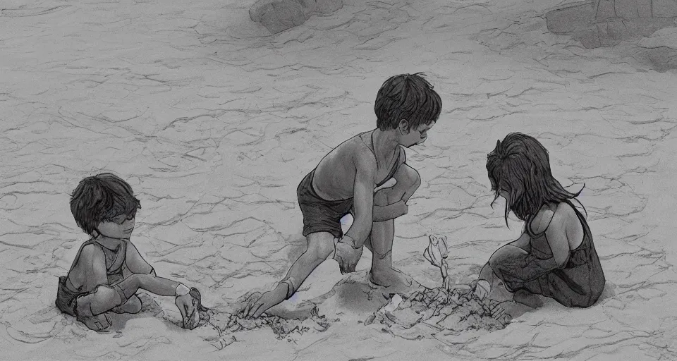 Prompt: little boy and little girl play with sand in beach , Line art, b&w, high quality, how to draw, by David Finch , trending on artstation