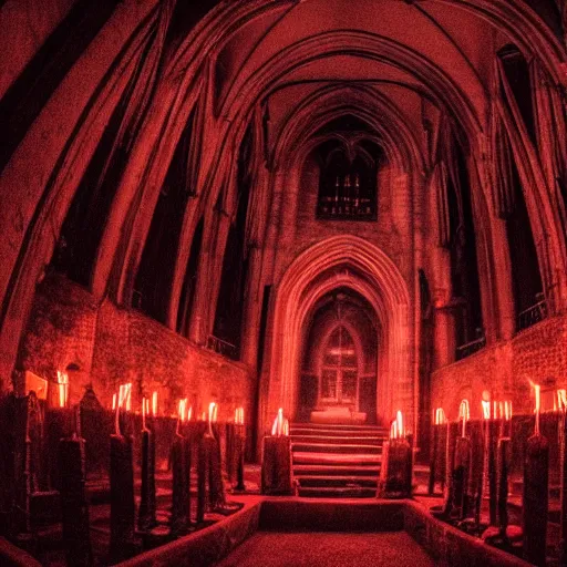 Prompt: A dark cathedral made up of red sandstone lit up by a torches. In the middle of the cathedral is a bonfire surrounded by cultists in red hoods. Their backs facing towards the camera.