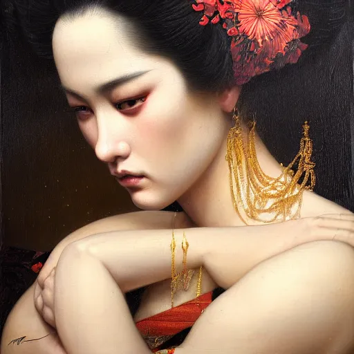 Image similar to highly detailed oil painting | very intricate | cinematic lighting | award - winning | the chicano geisha in an exquisite kimono | by roberto ferri, by tom bagshaw, by j. c. leyendecker and klimt, beautiful cinematic light, american romanticism, by austin osman spare, artstation, cgsociety, official art, octane