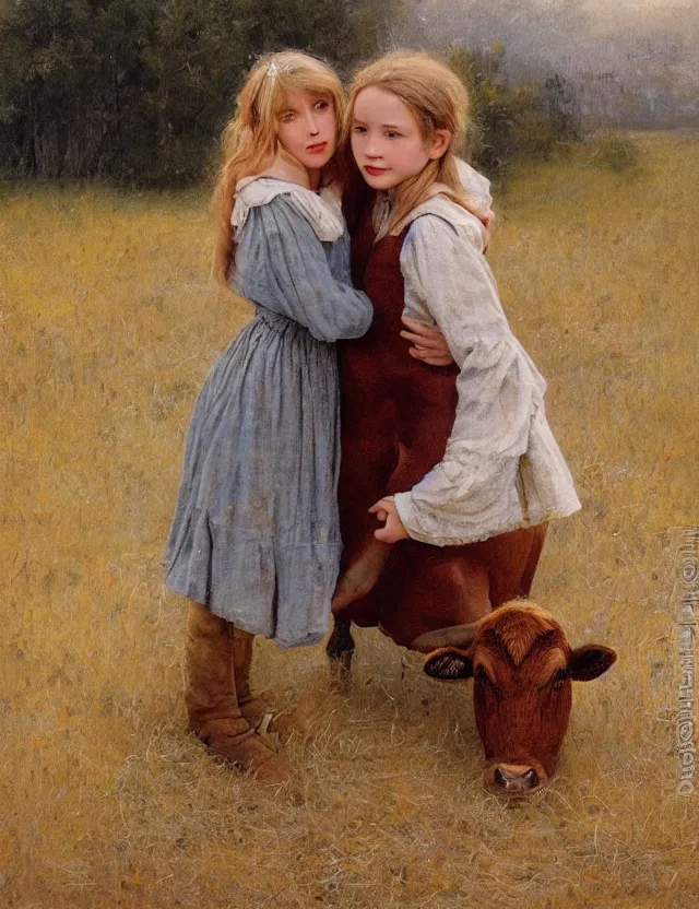 Image similar to portrait of peasant girl hugging a cow on a farm, cottage core, cinematic focus, polaroid photo bleached vintage pastel colors high - key lighting, soft lights, foggy, by steve hanks, by lisa yuskavage, by serov valentin, by tarkovsky, 8 k render, detailed, oil on canvas