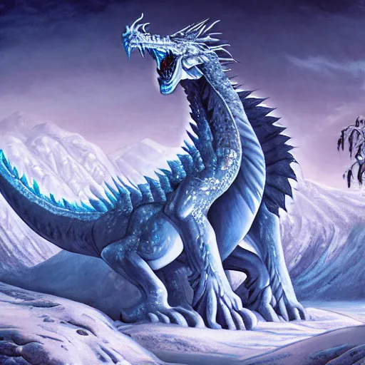 Prompt: a giant ice dragon protects the village in the mountains, stylized aesthetic gothic painting