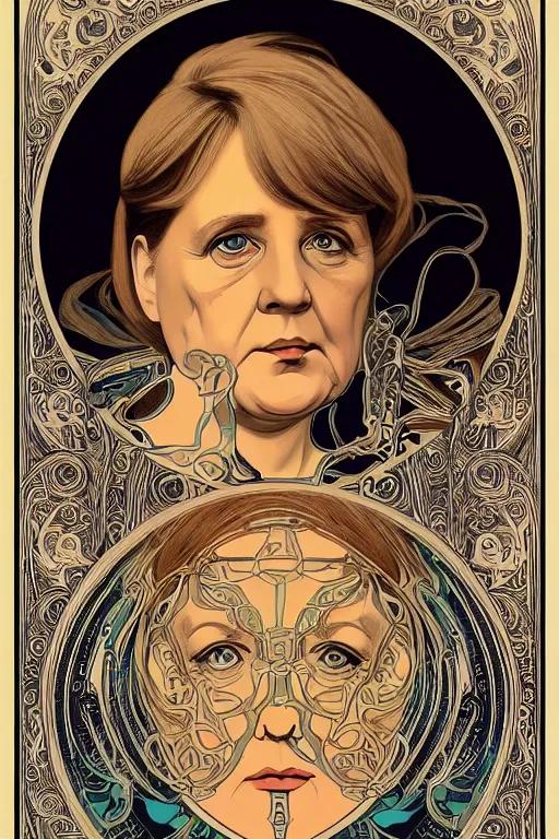 Prompt: an intricate frontal view portrait of Angela Merkel, in the style of Alphonse Mucha, poster art ca. 1900, hyperrealistic face, astonishing, digital art, trending on art station