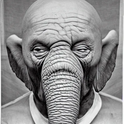 man with an elephant trunk nose, grey wrinkled skin
