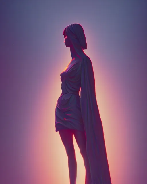 Image similar to a painting of a woman standing in front of a statue, a screenshot by stanley twardowicz, cgsociety, aestheticism, aesthetic, vaporwave, anime aesthetic