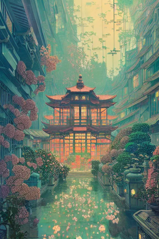 Prompt: a beautiful hyperdetailed matte illustration victo ngai cyberpunk style of absolutely beautiful blooming flower house, from china, perfectly shaded, atmospheric lighting, style of studio ghibli, makoto shinkai, raphael lacoste, louis comfort tiffany, artgerm, james jean, ross tran, chinese style