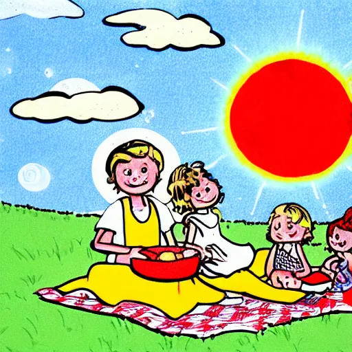 Prompt: Illustration for small children Called HAPPY Children PICNIC ON THE MOON, in the style of Dorothy Brook, primary color scheme