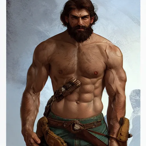 Prompt: portrait of a rugged ranger, muscular, upper body, hairy torso, detailed detailed detailed hands hands hands hands, D&D, fantasy, bare bare bare bare thighs thighs thighs intricate, elegant, highly detailed, digital painting, artstation, concept art, smooth, sharp focus, illustration, art by alphonse mucha