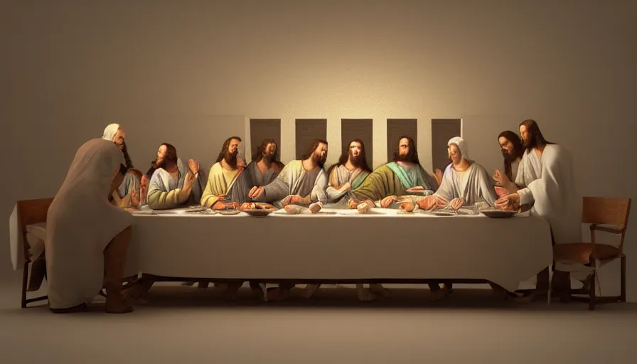 Prompt: 3 d model of the last supper, octane render, rendered lighting