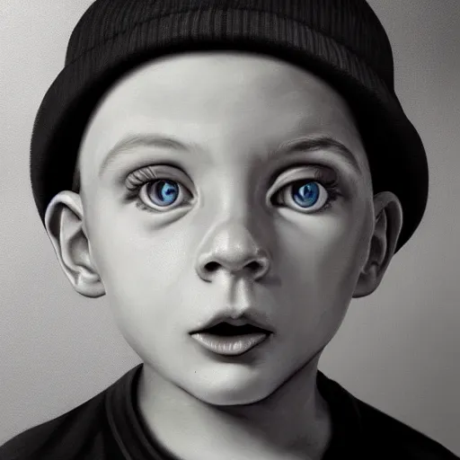 Prompt: a detailed portrait of a boy with light blue eyeswearing a black cap, realistic and detailed eyes, art illustration, incredibly highly detailed and realistic, 8 k, sharp focus