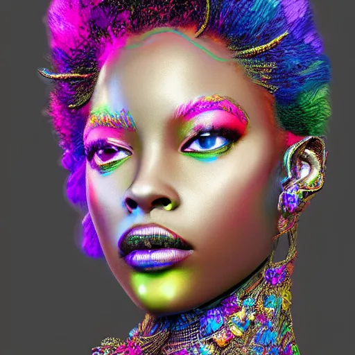 Prompt: the portrait of the absurdly beautiful, graceful, elegant, gorgeous, fashionable black glamour model made with rainbow jewelry, an ultrafine hyperdetailed photograph by kim jung gi, irakli nadar, intricate linework, bright colors, octopath traveler, final fantasy, unreal engine 5 highly rendered, global illumination, radiant light, intricate environment