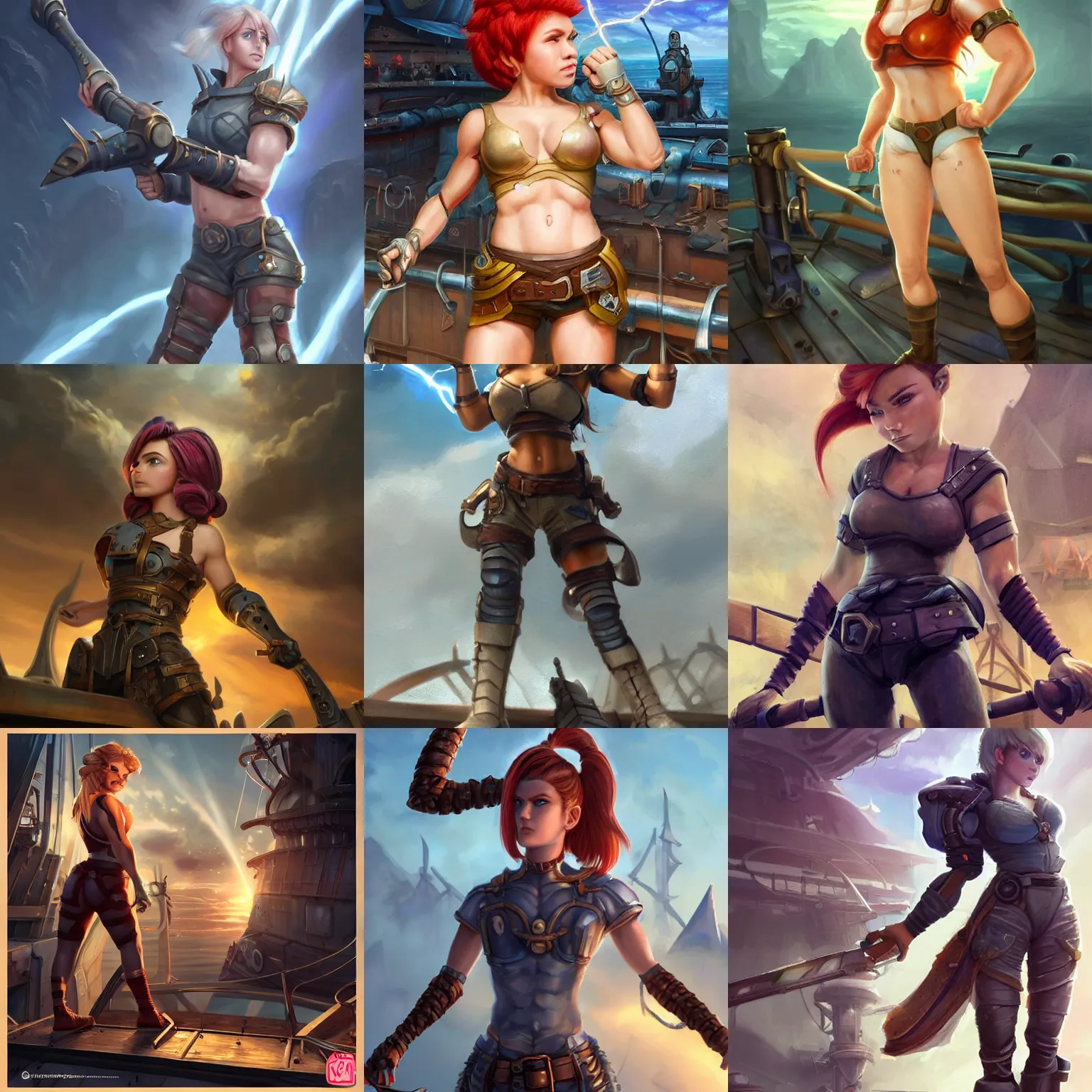 Prompt: very muscular beautiful female gnome engineer with pixie undercut hair, metal arm prosthesis, standing on a ship deck, full body portrait, lightning fantasy magic, naval background, D&D, piercing stare, highly detailed, digital painting, HD, ArtStation, great composition, concept art, matte, sharp focus, illustration, art by artgerm and Greg Rutkowski