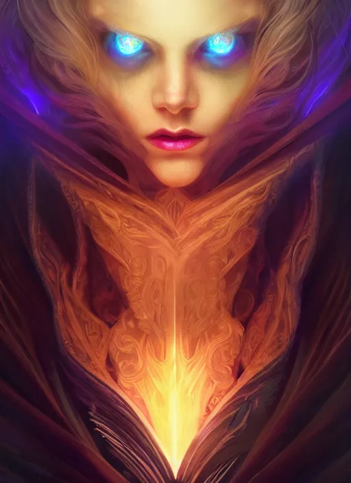 Image similar to book cover, front portrait, dark witch with black hood and evil eyes, realism, soft, smooth, luminescent, art nouveau tarot, backlit glow, colorful swirly ripples, gaudy colors, aesthetic octane render, unreal engine, 8 k, by artgerm, greg rutkowski, alphonse mucha