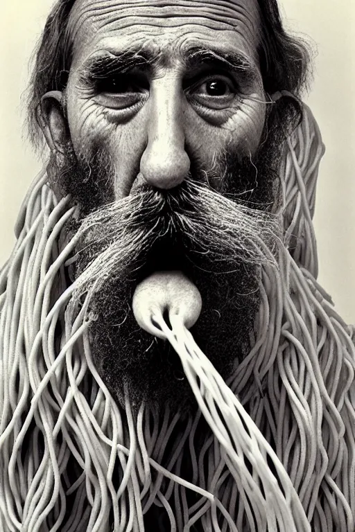 Prompt: extremely detailed portrait of old italian cook, spaghetti mustache, slurping spaghetti, spaghetti in the nostrils, spaghetti hair, spaghetti beard, huge surprised eyes, shocked expression, scarf made from spaghetti, full frame, award winning photo by herb ritts