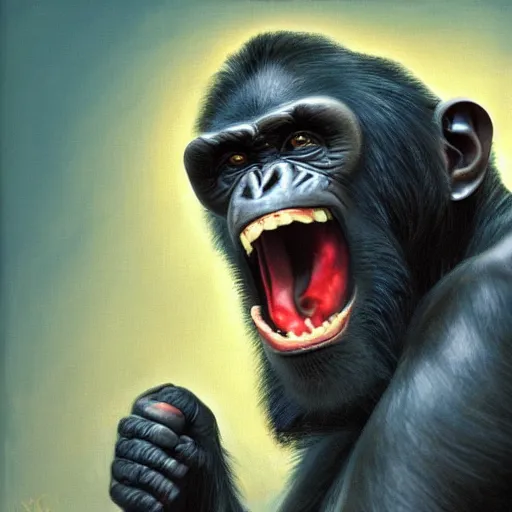 Image similar to Strong Angry Chimpanzee Screaming, Boris Vallejo, Epic, 8k resolution, ArtStation, Hyperrealistic