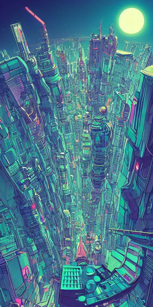 Prompt: astronaut cyberpunk surreal upside down city with a full moon, neon lights, sharp edges, flat colors, cell shaded, wide angle lens by moebius, Jean Giraud, trending on artstation