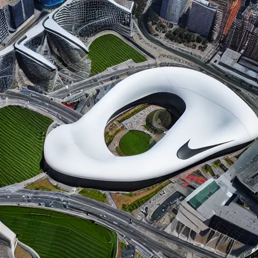 Image similar to The Nike swoosh stadium, architecture by Zaha Hadid, drone high resolution professional architecture photography