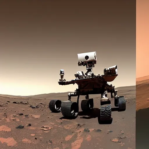 Image similar to a mars rover selfie with a martian photo - bombing behind it