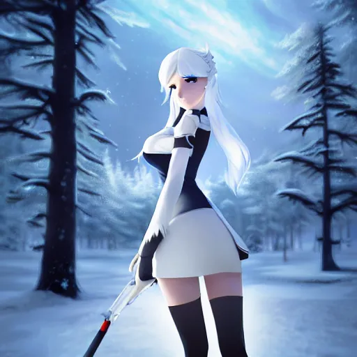 Prompt: realistic render of weiss schnee from rwby by ross draws, snowy forest background by ilya kuvshinov, digital anime art by ross tran, composition by sana takeda, lighting by greg rutkowski