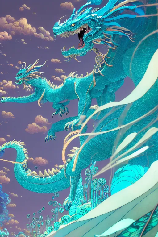 Prompt: a beautiful hyperdetailed character design 4 k wallpaper illustration of a huge cyan dragon, victo ngai style, from china, style of studio ghibli, makoto shinkai, raphael lacoste, louis comfort tiffany, denoise, deblurring, artgerm, xision, james jean, ross tran, chinese style