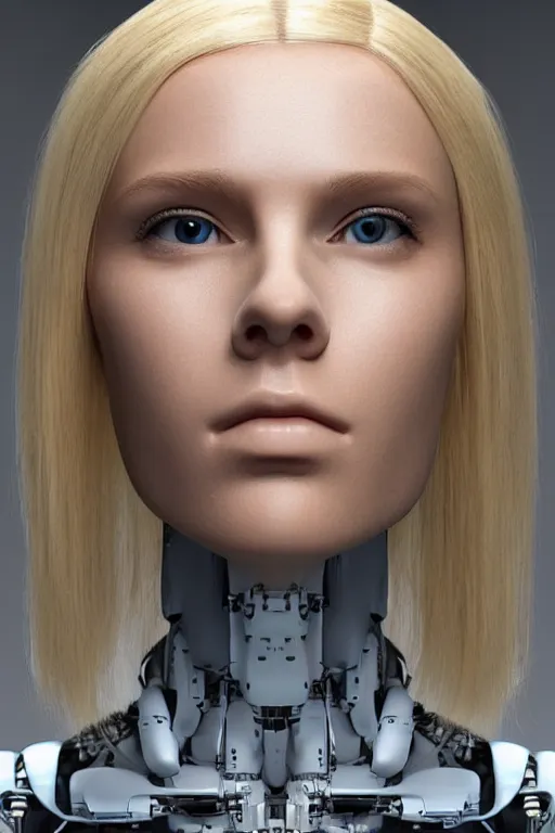 Image similar to robot with human face, female head, full body angle, woman human face, human face realistic, beautiful blonde hair, human head, human head with blonde hair, blonde hair human head, blonde hair, human realistic face, human head skin, cyborg frame concept, cyborg by ales-kotnik, sci-fi android female, the body is made of wires, robotic body, cyborg body, cyborg bust body, robot body cyborg, full body