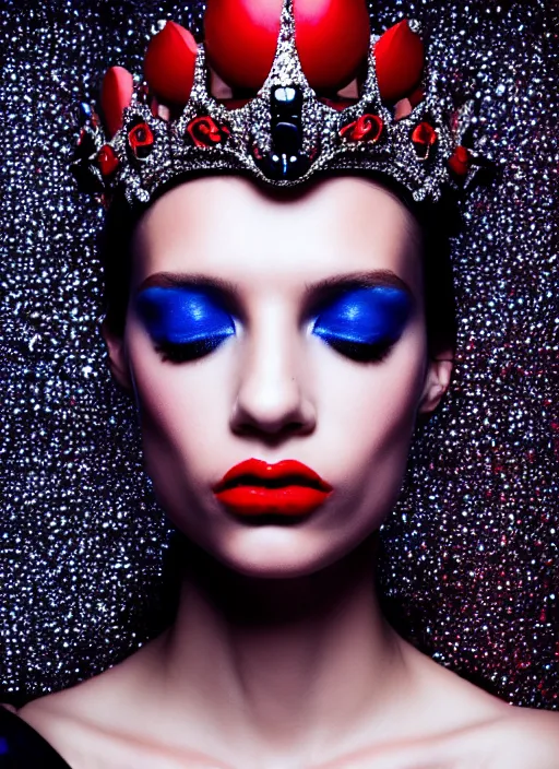 Image similar to a female high fashion model wearing a jeweled face crown, dark eye make - up, red lips, alexander mcqueen, haute couture, artstation, high detail, black, red and blue, 8 0 s airbrushed, film still, cinematic composition