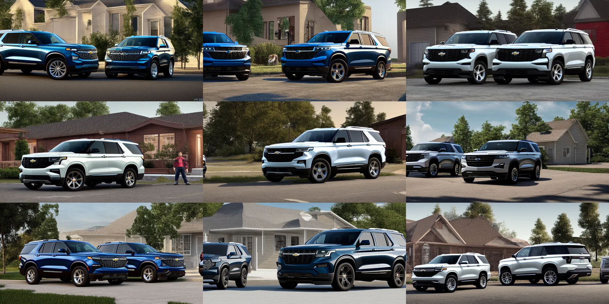 Image similar to an suv inspired by a 2 0 2 2 chevrolet tahoe and 2 0 2 2 ford explorer parked in front of a house, a digital rendering by the family circus, trending on cg society, regionalism, ue 5, rendered in unreal engine, ultrafine detail