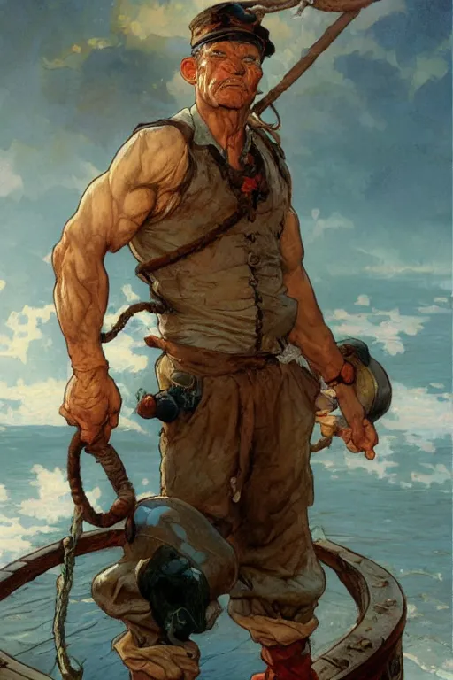 Image similar to popeye the sailor portrait, masculine, intricate, by stanley artgerm lau, greg rutkowski, thomas kindkade, alphonse mucha, loish, norman rockwell