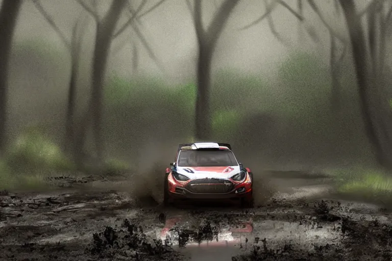 Image similar to a rally car splashing thru a mud puddle in a forest. Digital art, extremely detailed, artstation, motion blur, mist