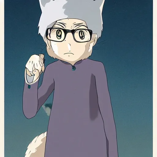 Image similar to by Hayao Miyazaki, Samuel Beckett as a cat girl, high res, anime, HD, studio ghibli.