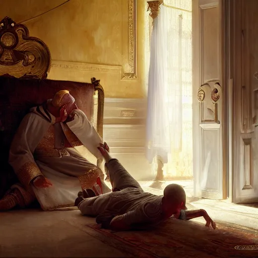 Image similar to the pope is in his bedroom, terrified because demons are attacking him. highly detailed painting by gaston bussiere, greg rutkowski, craig mullins 8 k