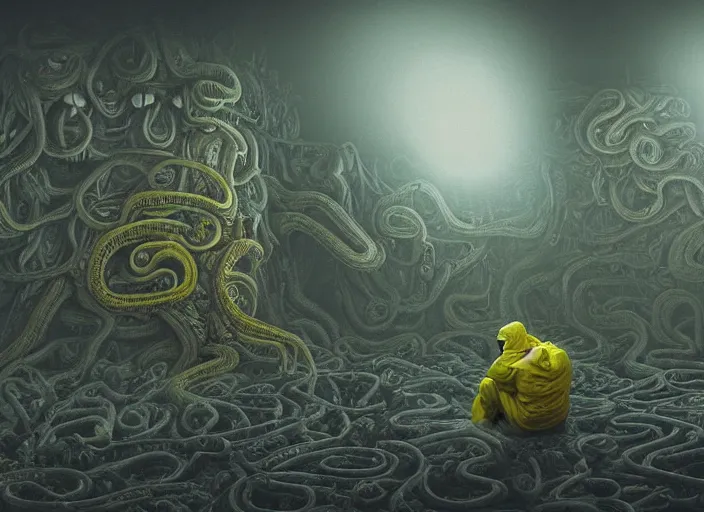 Image similar to a man in a yellow hazmat suit being eaten by a highly detailed Cthulhu Eldritch demon with many eyes and tentacles in an underground brutalist bunker, highly realistic, highly detailed, intricate, cinematic, wide angle, grime, symmetrical and centered, front facing camera, epic lighting, Unreal engine render in 8k by Zdzslaw Beksinski and Wayne Barlowe