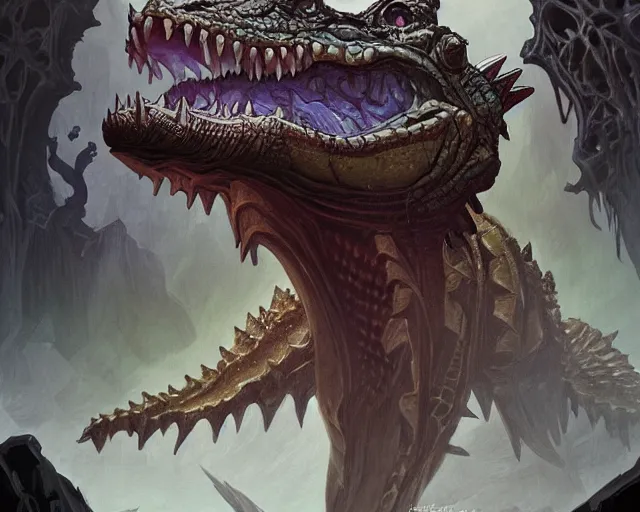Prompt: forsaken crocodile god, cinematographic shot, deep focus, d & d, fantasy, intricate, elegant, highly detailed, digital painting, artstation, concept art, matte, sharp focus, illustration, hearthstone, magic the gathering, art by wesley burt and artgerm and alphonse mucha