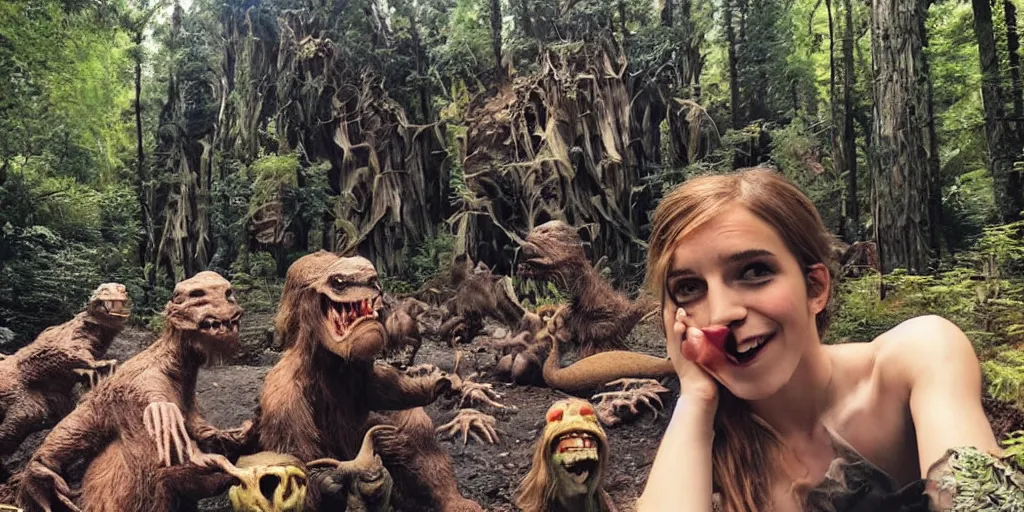 Image similar to photo, three hairy fat cave people, emma!! watson!!, looking at camera, surrounded by dinosaurs!, gigantic forest trees, sitting on rocks, bright moon, birthday cake on the ground, front close - up view of her face, selfie, jelly monster