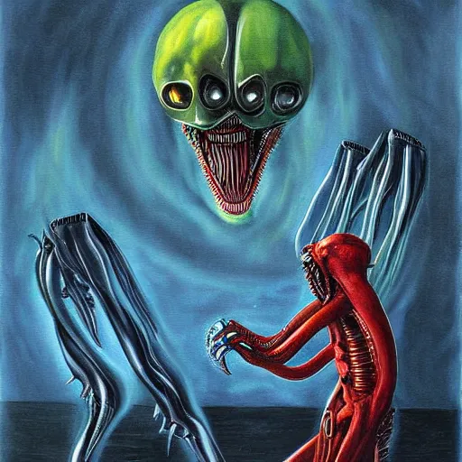 Prompt: xenomorph, surrealist painting by Brian Stephens